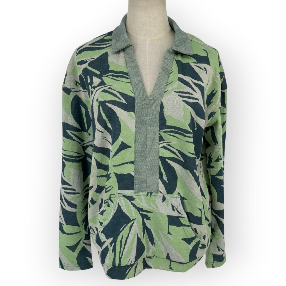 QVC Green Leaf Jacquard Knit Pullover V-Neck Top A646197 Size L